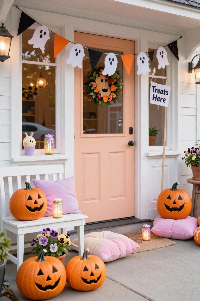White house exterior with pink front door, Halloween decorations including ghost garlands, jack-o-lantern pumpkins, pink pillows on a bench, plants, and a 
