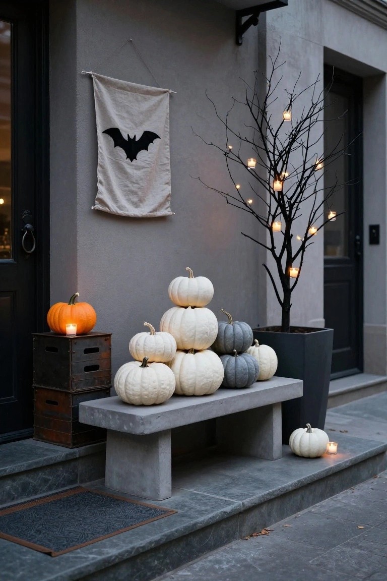 Front stoop with gray concrete bench stacked with white and gray pumpkins, orange pumpkin on metal crate nearby, black twig tree with tea light candles in pots, beige bat flag on wall next to black doors, and dark stone steps.