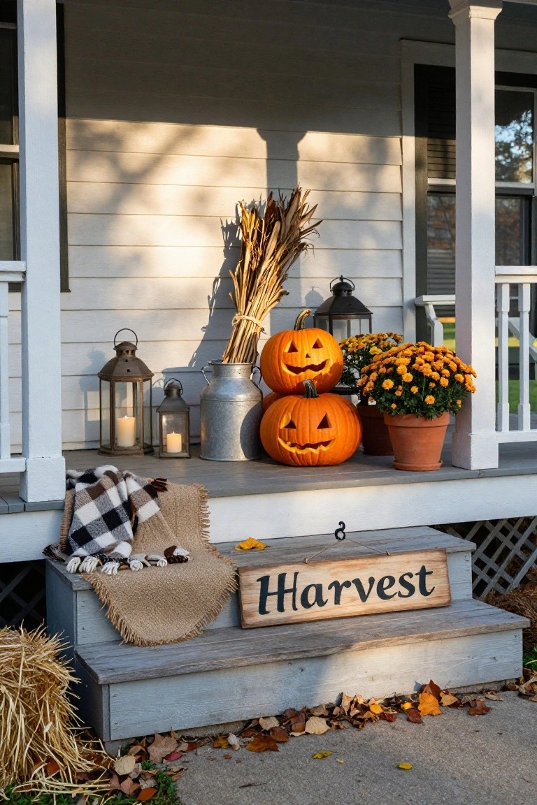 Front porch with two stacked carved orange jack-o-lanterns on steps, flanked by metal lanterns with candles, potted orange mums, a milk can, wheat bundles, plaid and burlap textiles, hay bales, and a wooden Harvest sign.