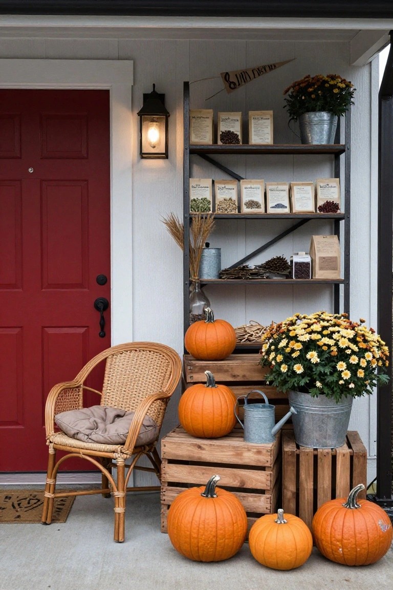 Front porch with a red wooden door, wicker armchair with gray cushion, several orange pumpkins on wooden crates, potted yellow chrysanthemums, metal watering cans, rustic metal shelves stocked with jars and bags, and wheat stalks.