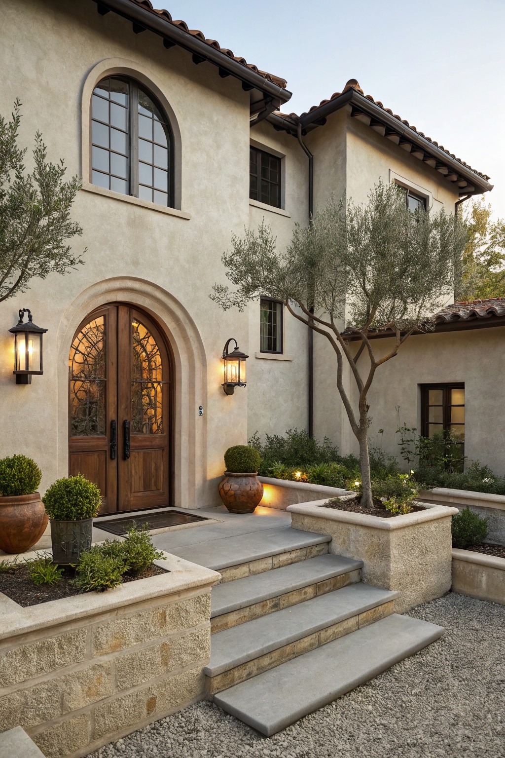 Light gray stucco house exterior with a large arched wooden double door entrance flanked by black lanterns, stone steps, potted plants, boxwoods, and olive trees in raised beds.
