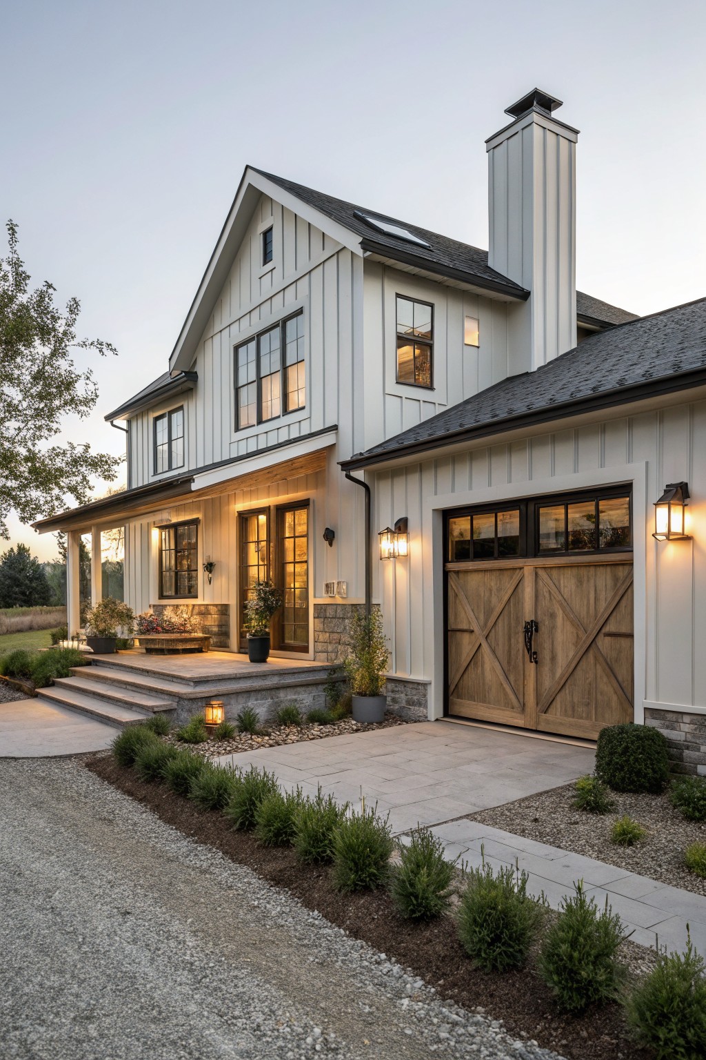 White board-and-batten house exterior with gabled dark roof, tall white chimney, black windows, covered porch with glass door, attached garage with double wooden X-braced doors, stone base, shrubs, gravel driveway, and dusk lighting.