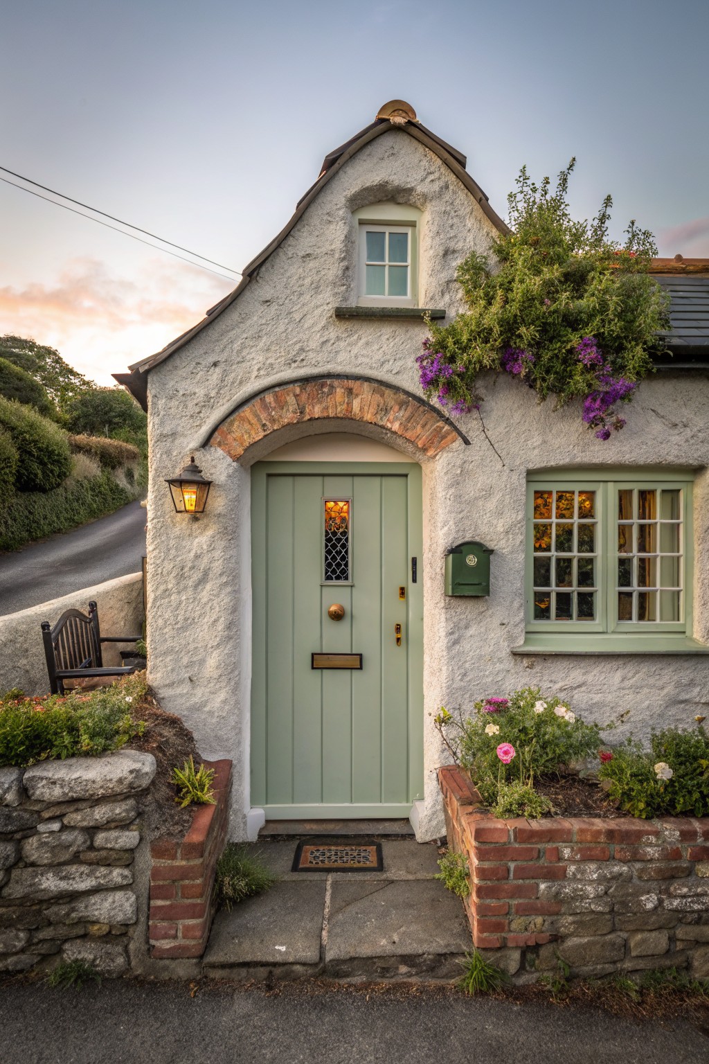 White stucco cottage exterior with sage green paneled front door under red brick archway, yellow lantern light, small window, mailbox, potted plants in brick beds, stone walls, and hillside backdrop at dusk.
