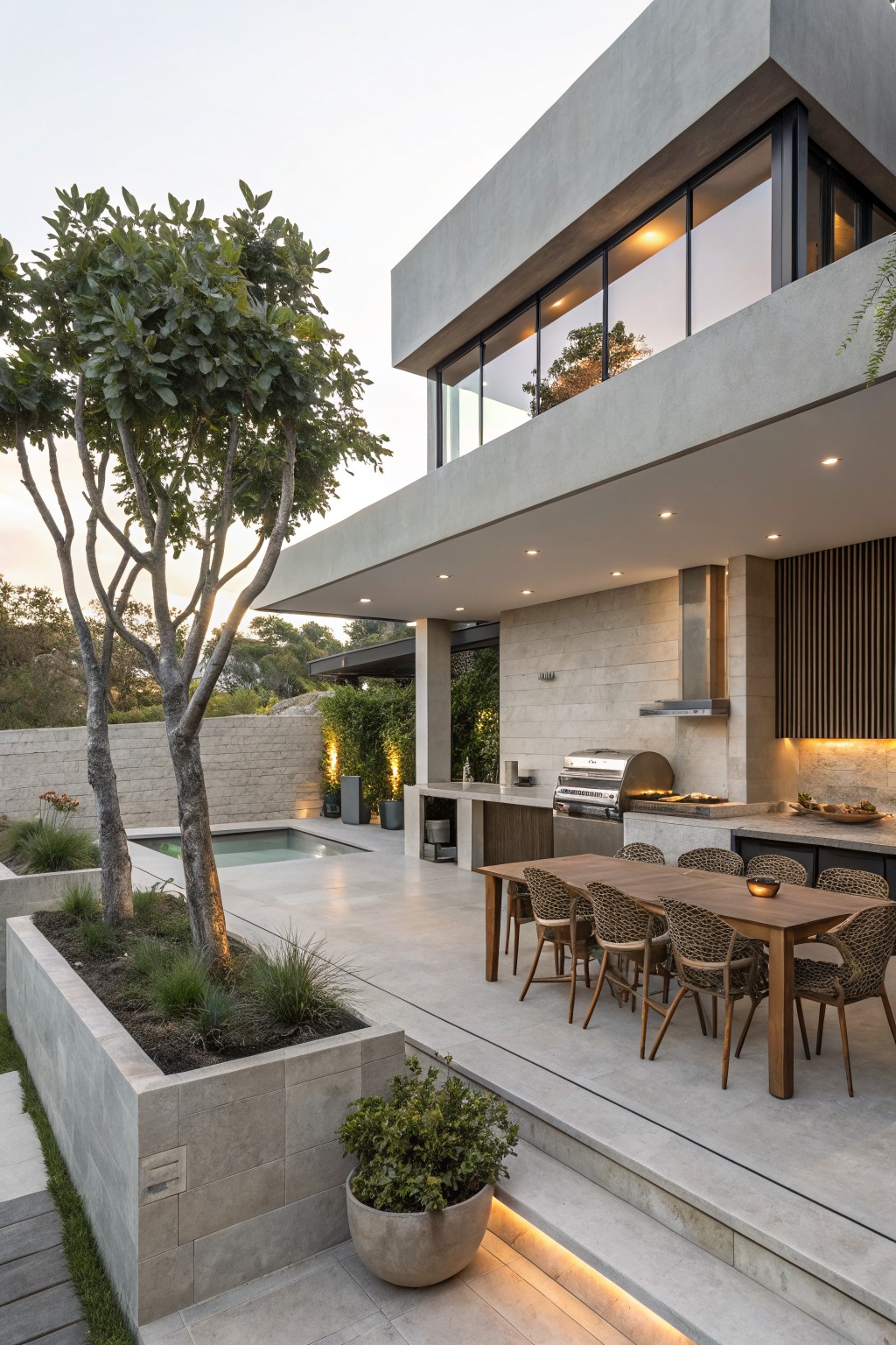 Modern gray stucco house with cantilevered upper level featuring large glass windows, overlooking an outdoor kitchen, dining table, small pool, and landscaped yard with trees and plants at dusk.