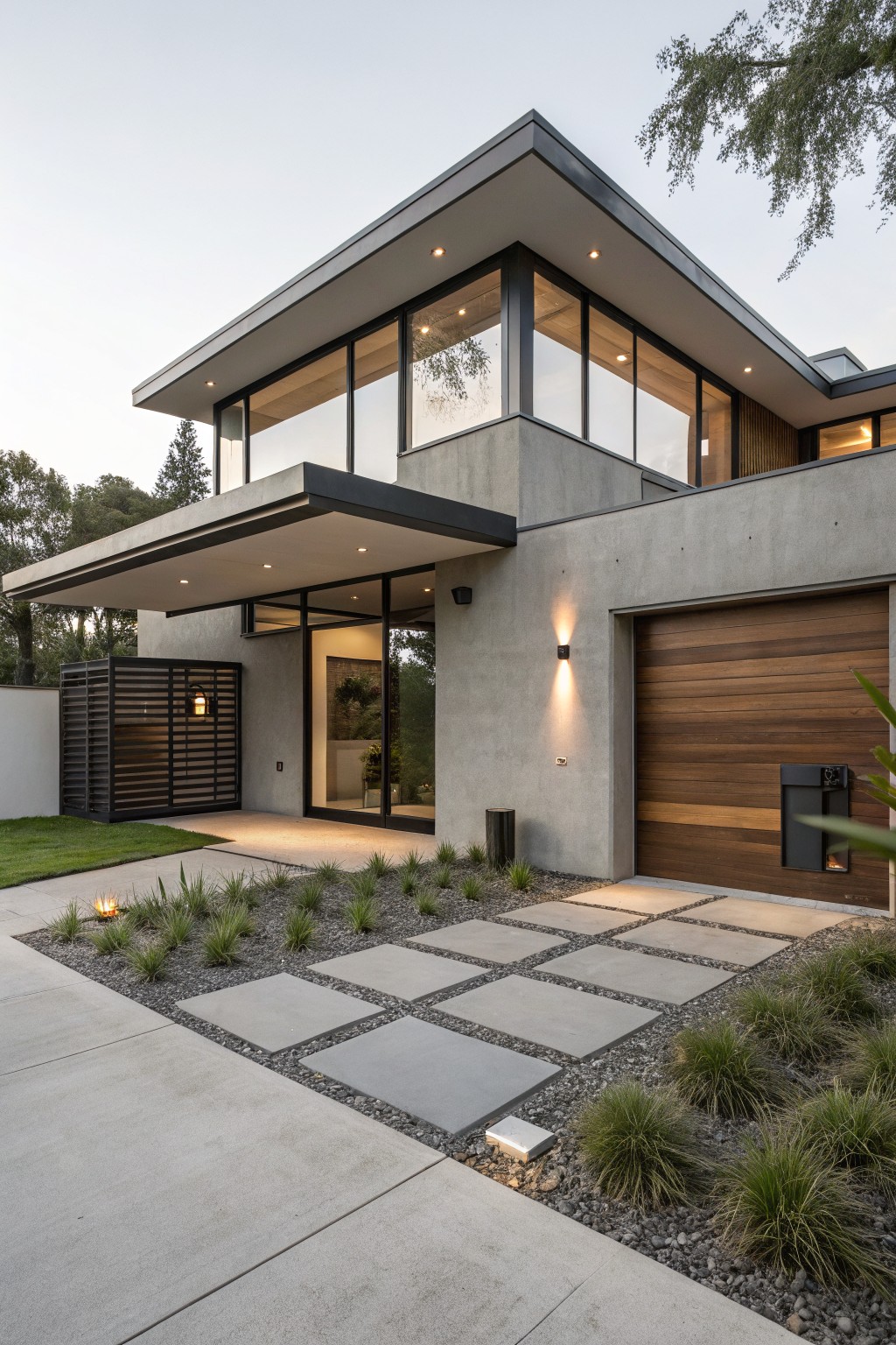 Modern gray stucco house exterior featuring a cantilevered flat roof over the entry, large glass windows, wood slat garage door, metal screen wall, stone paver pathway, and drought-tolerant grasses in the front yard.
