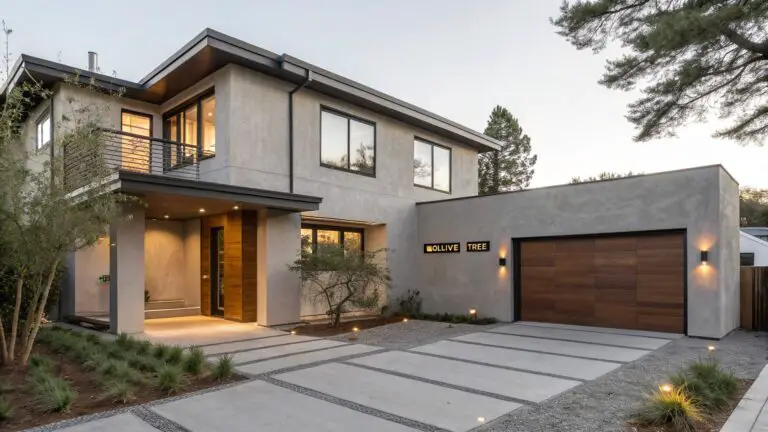 Two-story modern house exterior with smooth gray stucco walls, vertical wood garage door, large glass windows, glass balcony labeled "iHouse Nider", and front landscaping with olive tree and raised planters.