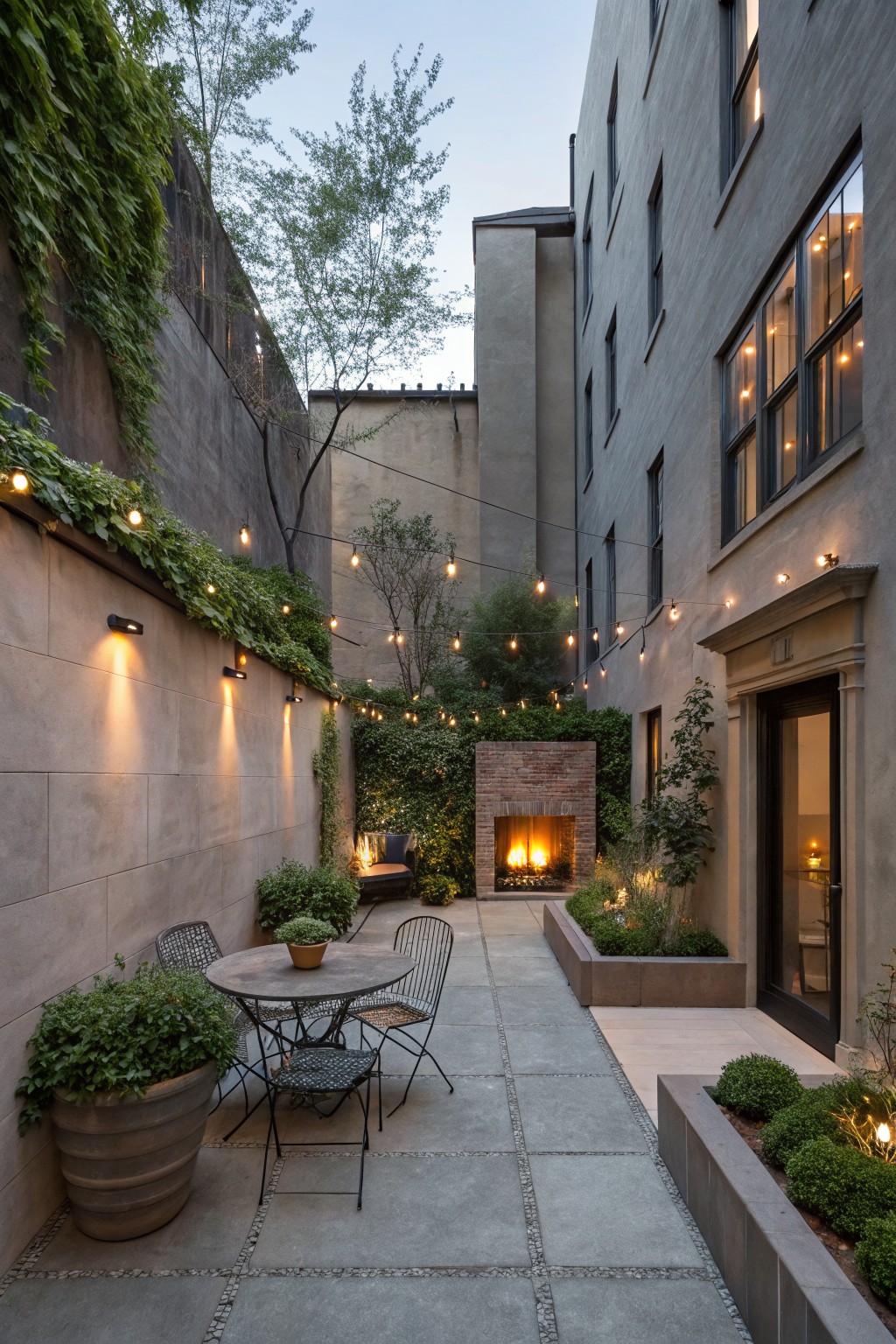 Narrow courtyard between gray stucco walls with overhead string lights, ivy vines, brick fire pit with flames, round metal table with two chairs, potted plants, and landscaped beds.