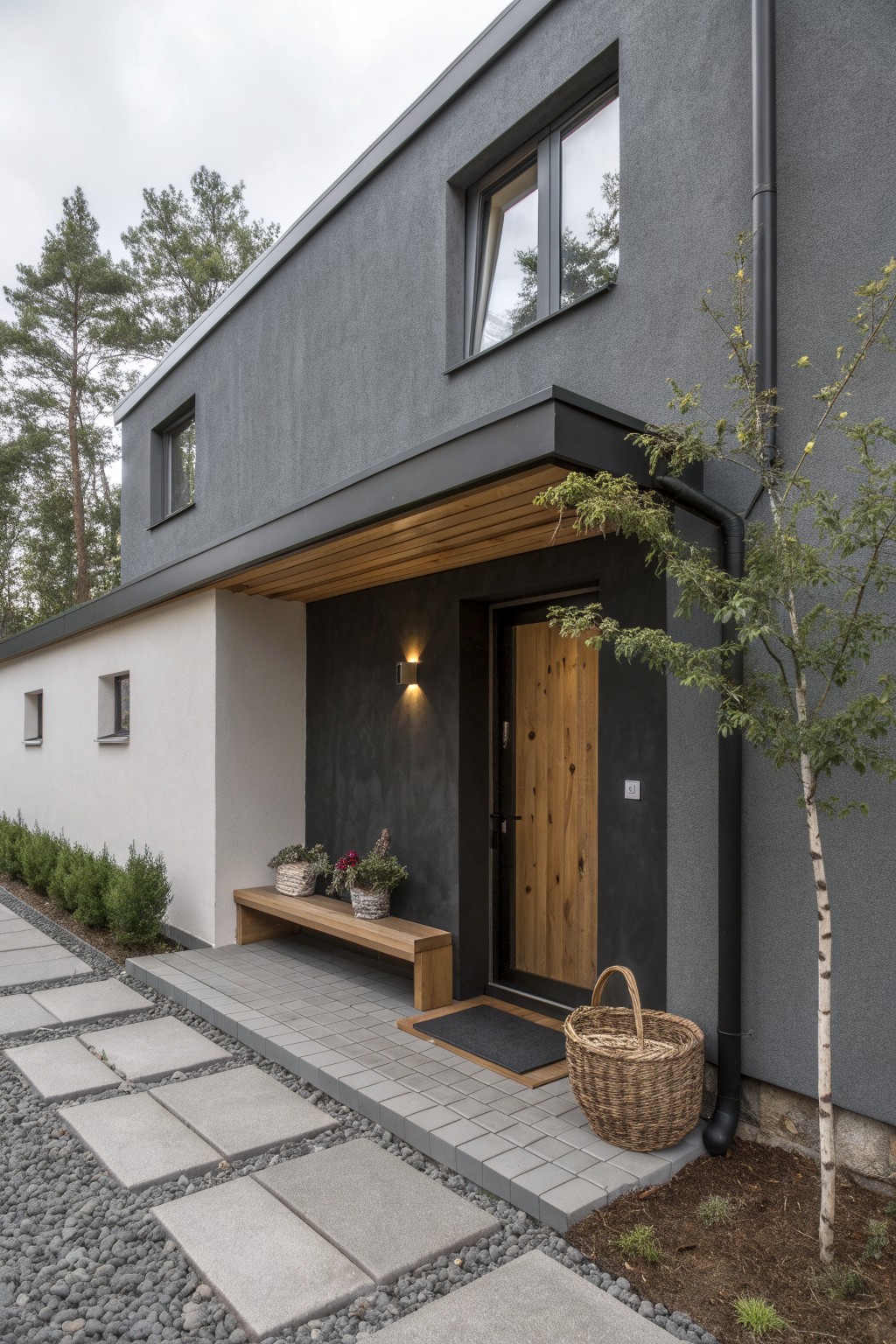Gray stucco house exterior with white lower wall, wooden front door under a wooden overhang, bench, potted plants, wicker basket, stone pathway, young birch tree, and gravel area beside pine trees under overcast sky.