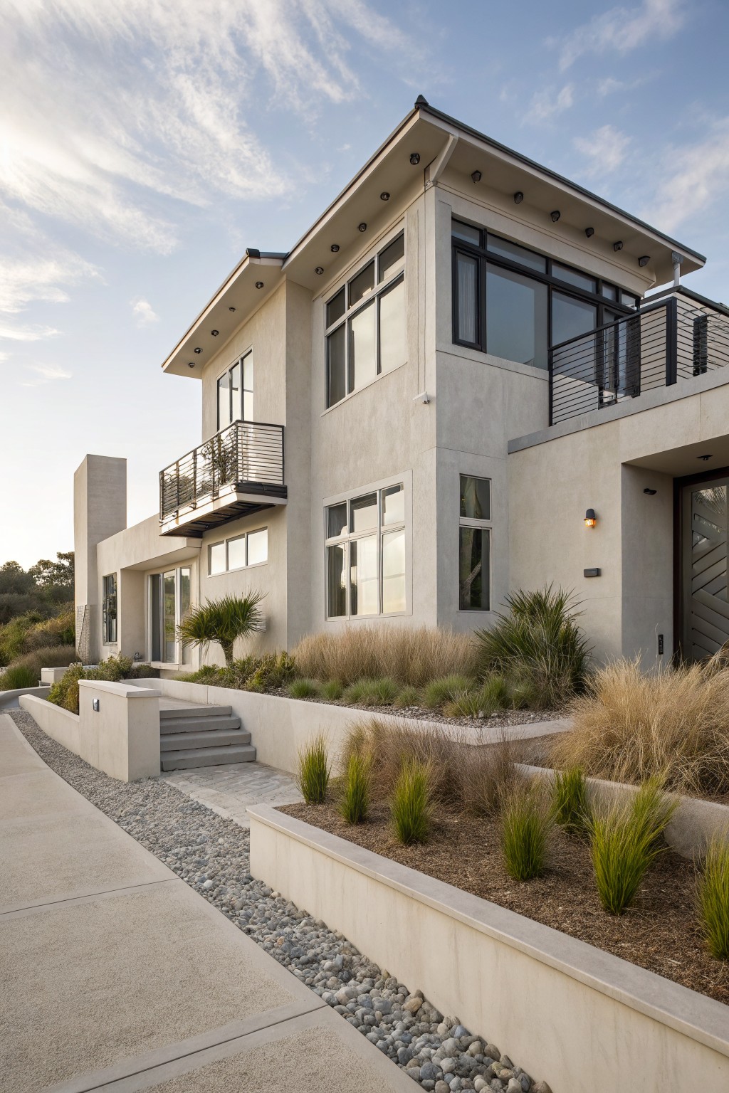Two-story modern house with smooth gray stucco exterior, featuring cantilevered upper balcony with metal railings, large windows, entry door with sidelights, stairs leading to a gravel path, and surrounding raised planters with ornamental grasses.