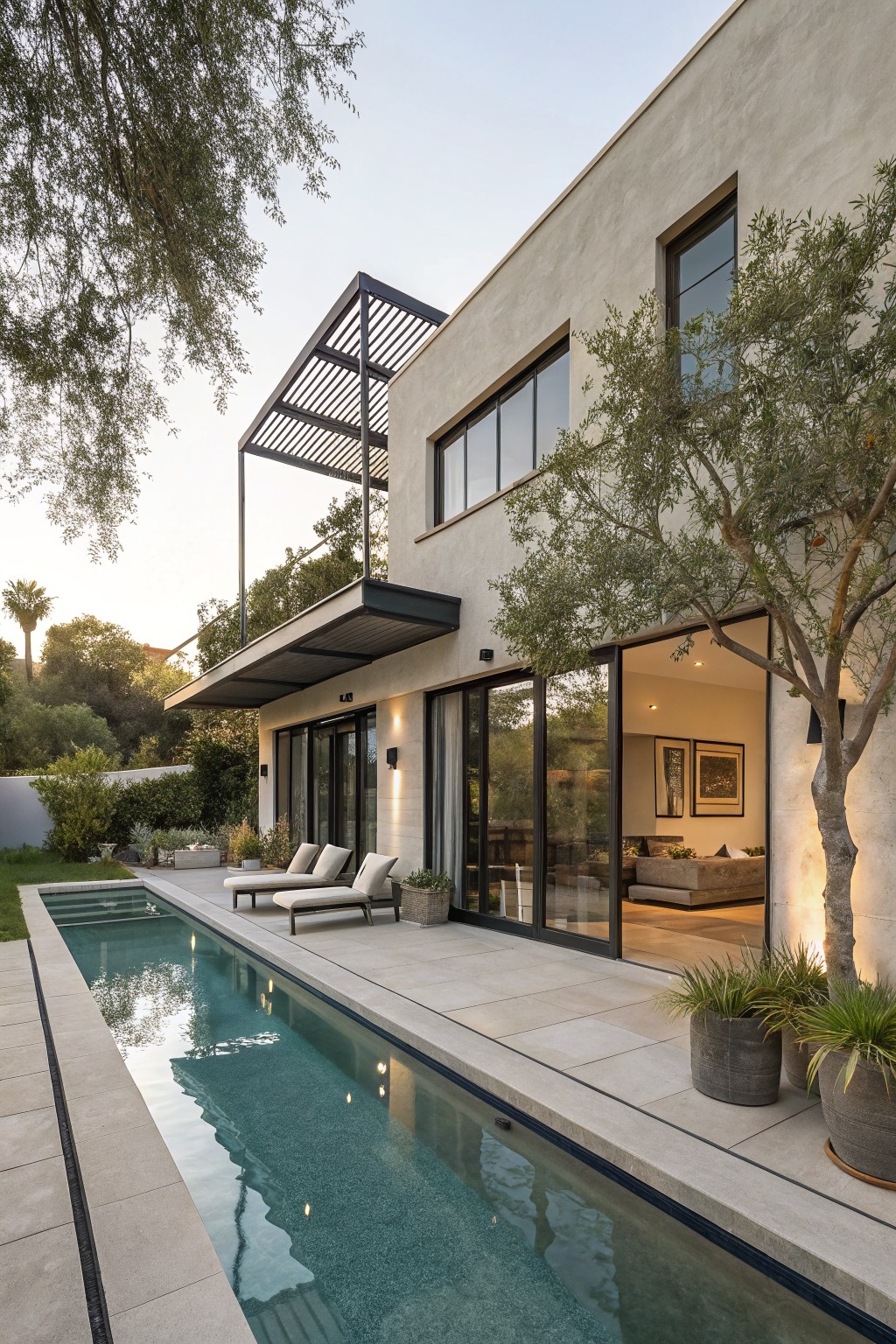 Side view of a modern light gray stucco house exterior with black metal pergola, large sliding glass doors open to interior, long narrow turquoise swimming pool adjacent to tiled deck with two lounge chairs, olive trees, potted agaves, and sunset lighting.