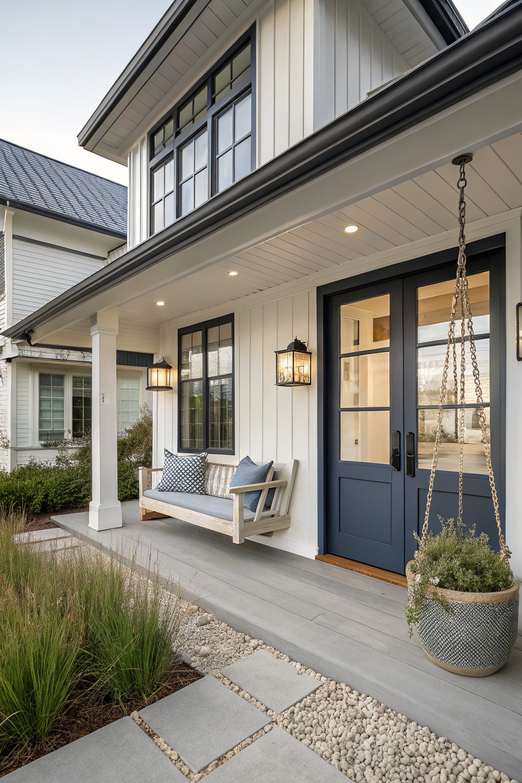 Two-story house exterior with white board-and-batten siding, navy blue double front doors under a covered porch, wooden swing bench hanging from chains, lanterns on posts, potted plant by door, gravel path and ornamental grasses in foreground.