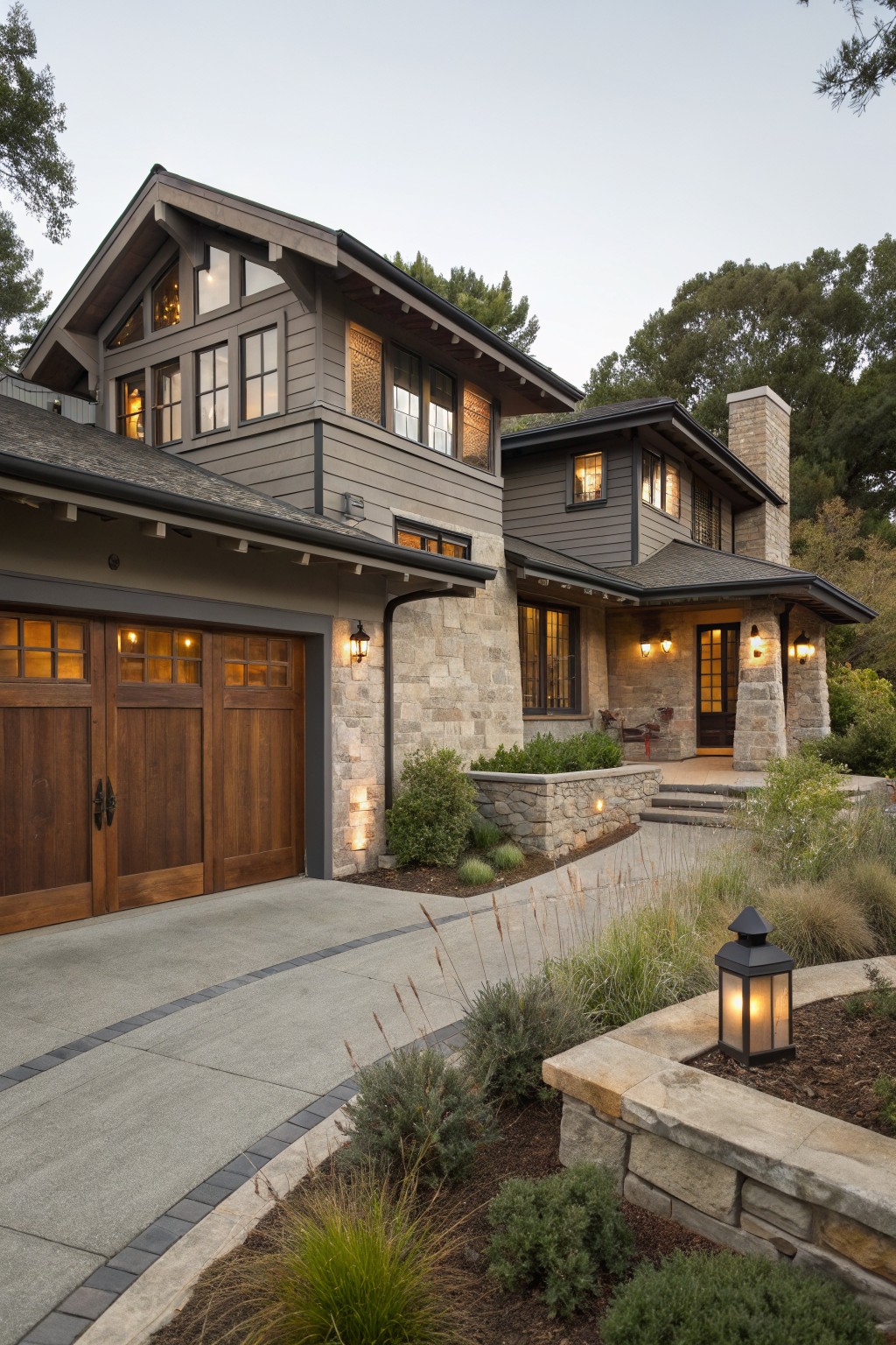 Two-story house exterior with gray vertical siding, stone masonry base and pillars, wooden garage doors with glass panels, entry porch with lanterns, driveway, and surrounding low plantings.