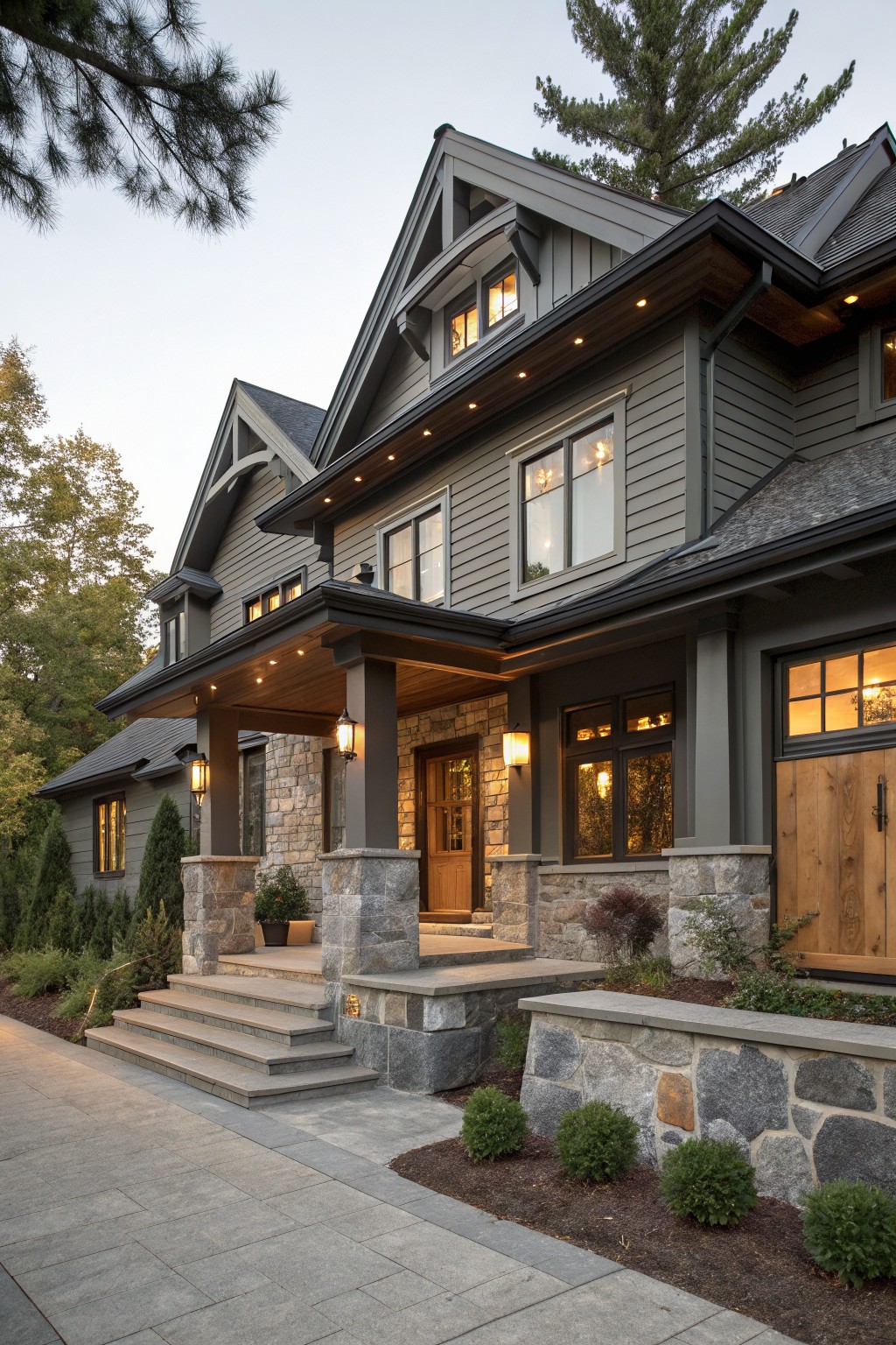 Front view of a two-story gray-sided house with gabled roof, covered timber porch supported by stone pillars, wood front door, attached garage, stone retaining wall along driveway, low shrubs, and landscape lighting at dusk.