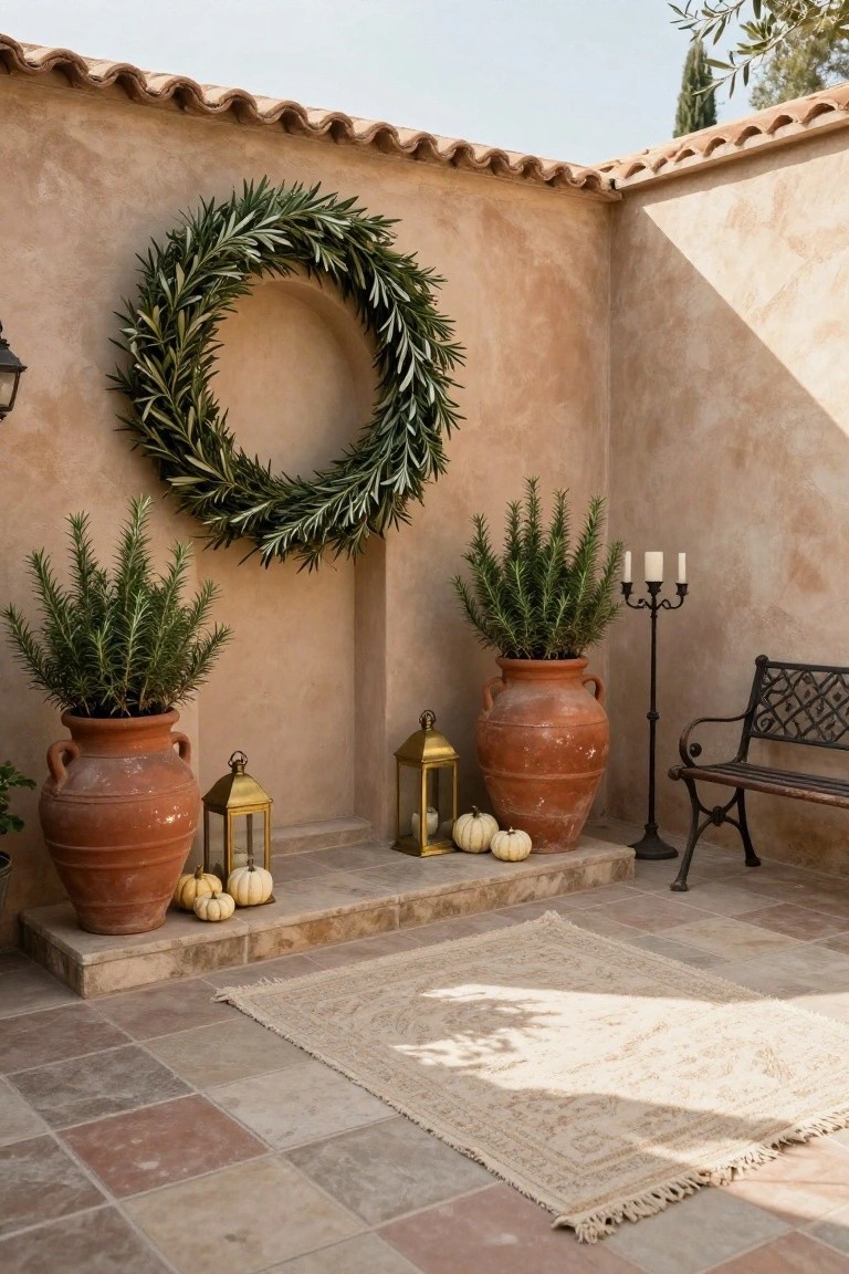 Balcony setup featuring a black metal table with marble top holding an orange pumpkin and two lit lanterns, a green velvet pouf chair beside it, string lights along the railing, ivy in a terracotta pot, and cityscape view at dusk.