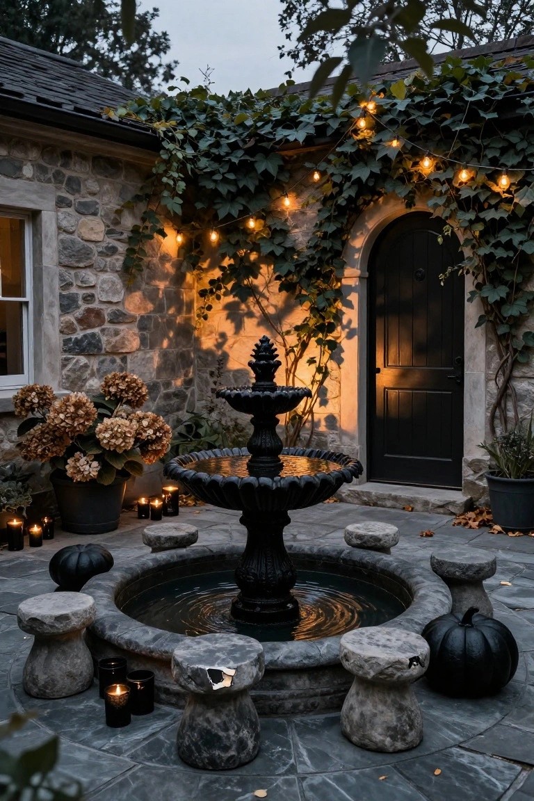 Circular gravel patio featuring a central stone fountain surrounded by black iron benches, white and black pumpkins, ornamental grasses, potted plants, and boxwood hedges with landscape lighting.