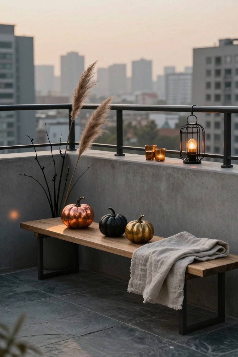 Dark navy painted townhouse facade with centered navy front door, stone steps, paired stone urns holding black pumpkins and topiary trees, wall lanterns, and curtained windows at dusk.