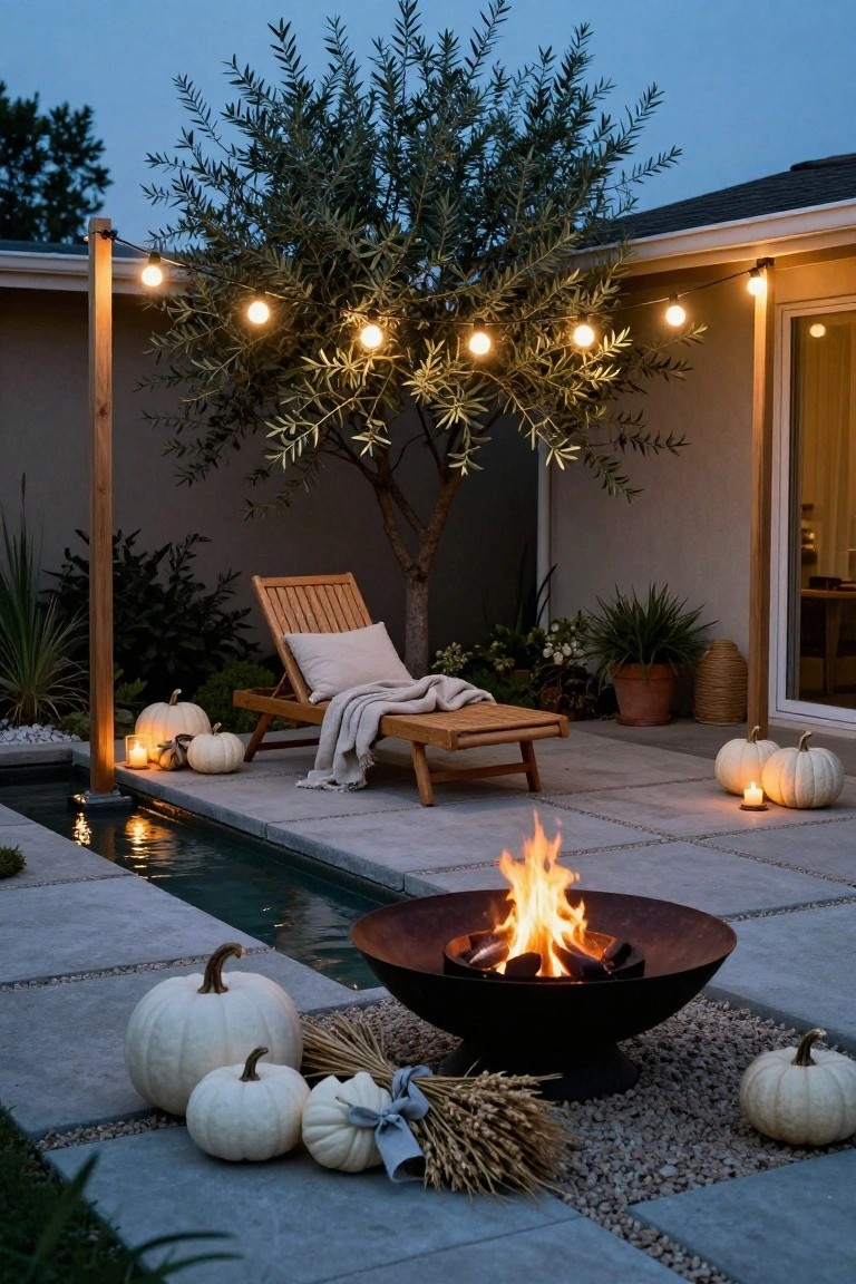 Circular stone patio with four black Adirondack chairs draped in blankets arranged around a metal fire pit containing burning logs and assorted pumpkins, accented by lanterns, potted plants, and fall foliage.