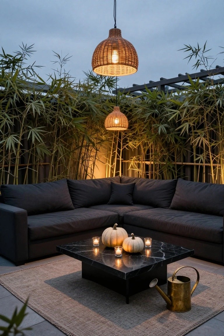 Wooden deck under a pergola with beige linen sofa, coffee table holding white pumpkins on black tray, lit lantern, and woven basket of orange pumpkins and gourds, potted mums nearby, autumn garden backdrop.