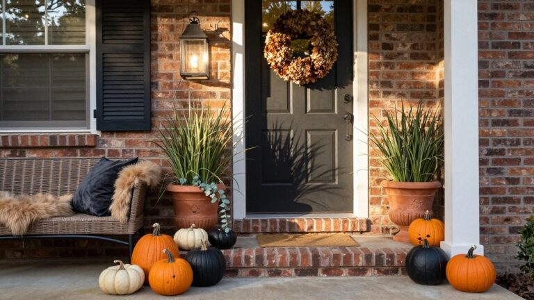Dark wood front door of a brick house flanked by two large black urns filled with tall pampas grass and dried hydrangeas, with white and black pumpkins on the steps next to a wooden bench holding a gray blanket and brown pillow, a gold lantern with white candle, and a seagrass doormat on the concrete landing.