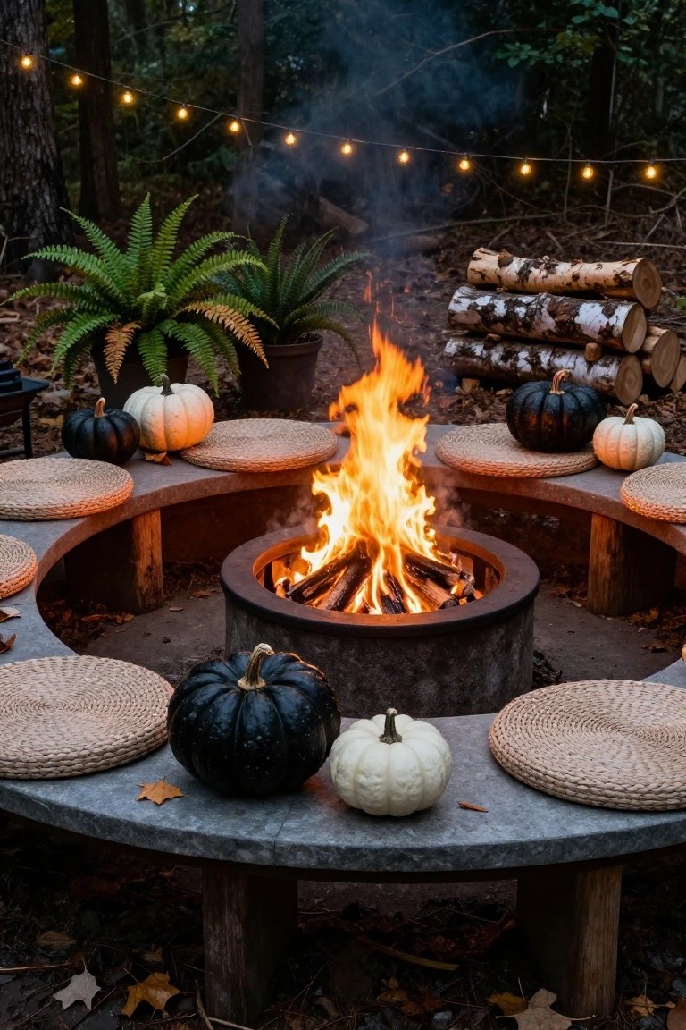 Rooftop terrace featuring a gray L-shaped sectional sofa, concrete coffee table with white and orange pumpkins, black candles in gold holders, string lights overhead, potted plants, and city skyline at dusk.