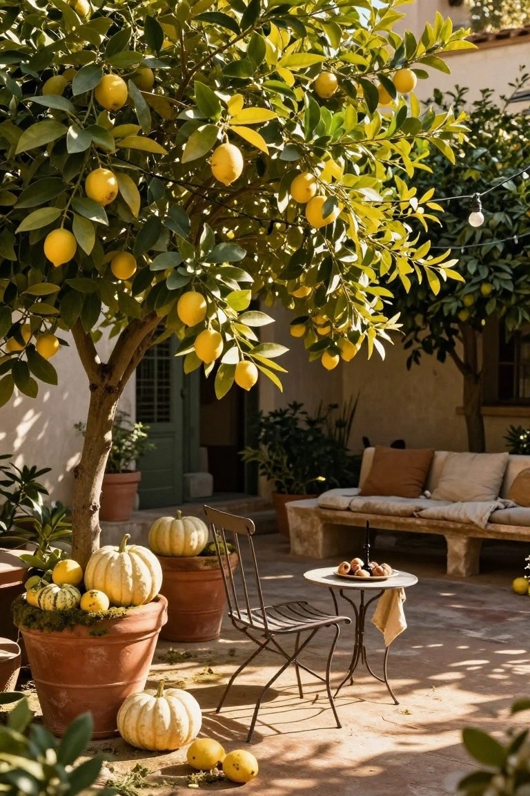 Stone retaining wall along a gravel driveway lined with assorted pumpkins including orange, white, green, and speckled varieties, flanked by tall bundles of pampas grass and wheat sheaves, black metal lanterns, and a wooden bench with a blanket.