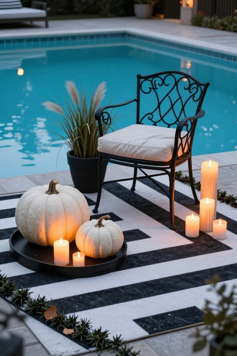 Brick townhouse exteriors at dusk with orange, purple, and metallic pumpkins placed along iron railings, hedges, and stone blocks beside a paved walkway, accented by copper lanterns and ivy.