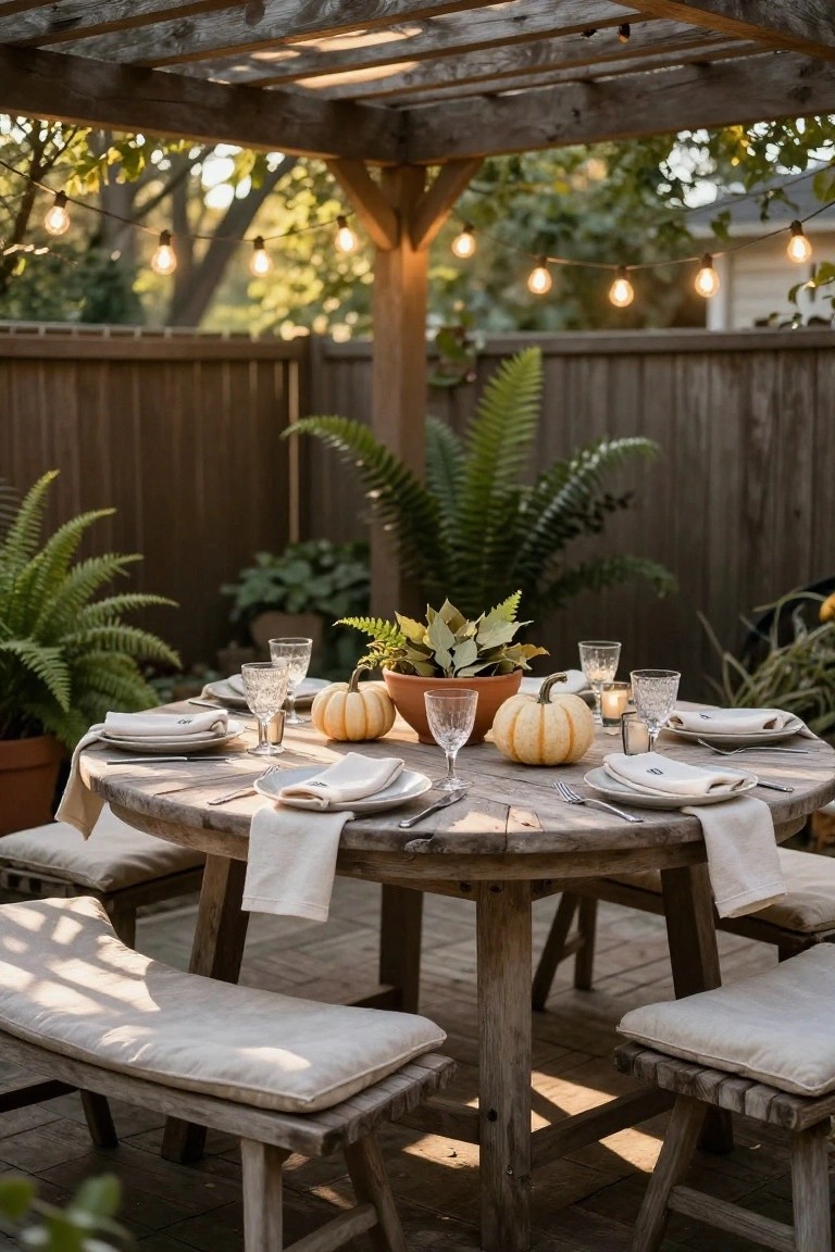 Brick house porch corner at dusk with two gray rocking chairs flanking a wooden table holding black pumpkins and white hydrangeas, lit wall lanterns, a 