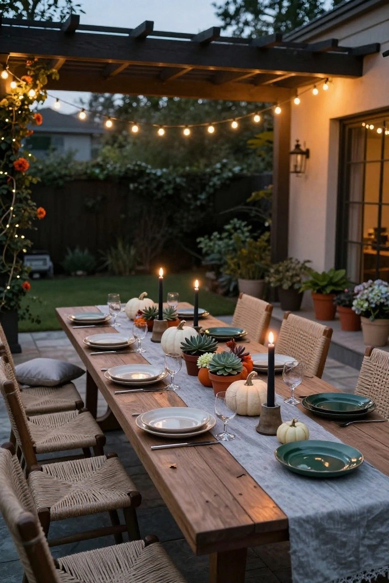 Outdoor wooden dining table decorated for Halloween with white pumpkins striped in green and gold, black taper candles in gold holders, white plates, rattan chairs with cushions, under a vine-covered metal pergola next to pampas grass and hedges on a blue stone patio.