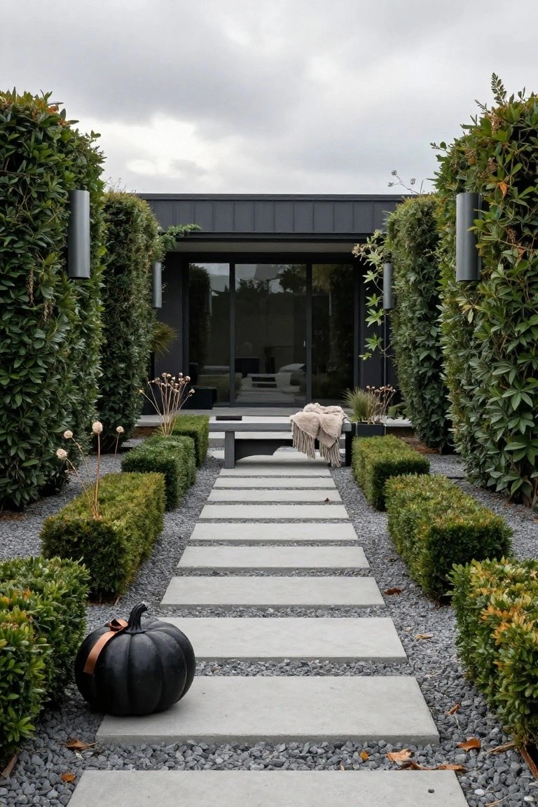 Stone fountain in a sunny outdoor courtyard surrounded by a raised planter bed filled with rosemary, lavender, and various small white, orange, and speckled pumpkins, with leather chairs, lanterns, and arched doorways nearby.
