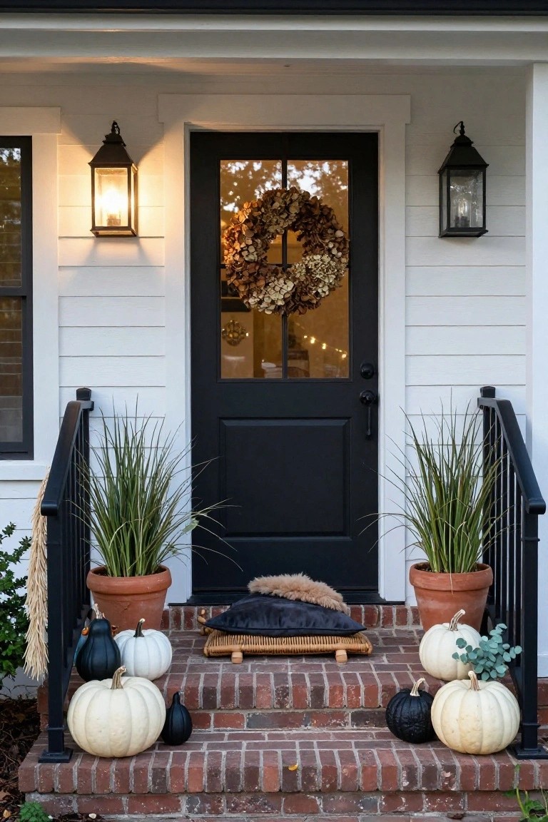 Dark wood front door of a brick house flanked by two large black urns filled with tall pampas grass and dried hydrangeas, with white and black pumpkins on the steps next to a wooden bench holding a gray blanket and brown pillow, a gold lantern with white candle, and a seagrass doormat on the concrete landing.