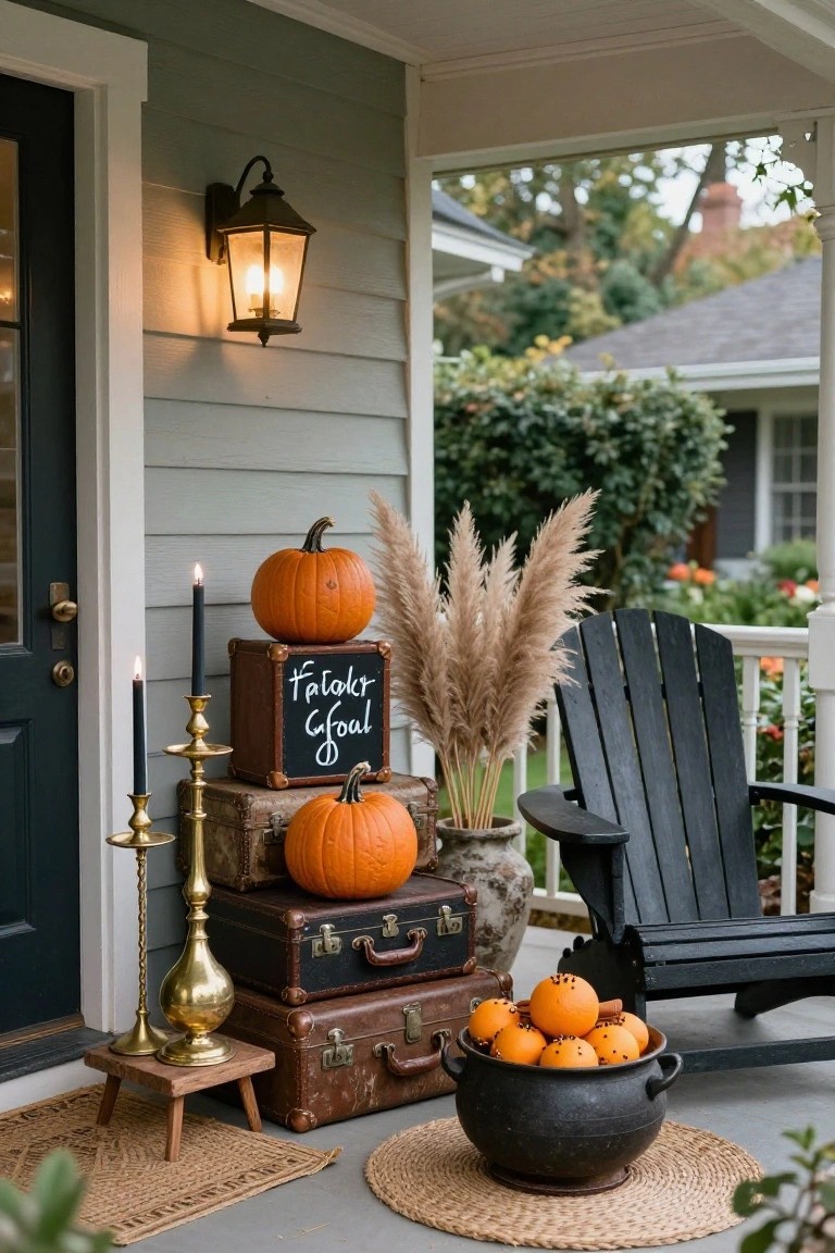 Gravel pathway next to a stone wall covered in hedges and ivy, lined with several white pumpkins, black metal pole lanterns, a weathered wooden bench with a white blanket, and a wooden post sign.