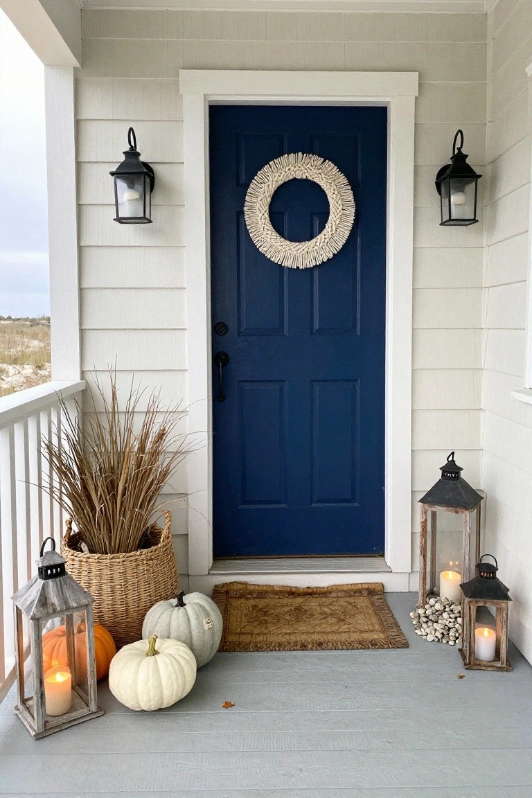A covered porch with gray shingle siding, wicker armchairs with light gray cushions, a low weathered wooden coffee table stacked with white pumpkins, tall pampas grasses in rusted metal drums, lanterns, and a seagrass rug.