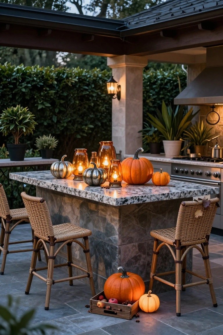 White wooden bench on a gray deck holding a beige linen pillow and surrounded by several white pumpkins, with a small potted evergreen in a metal bucket nearby, a black lantern with candle, and a basket of branches, evergreen trees in the background