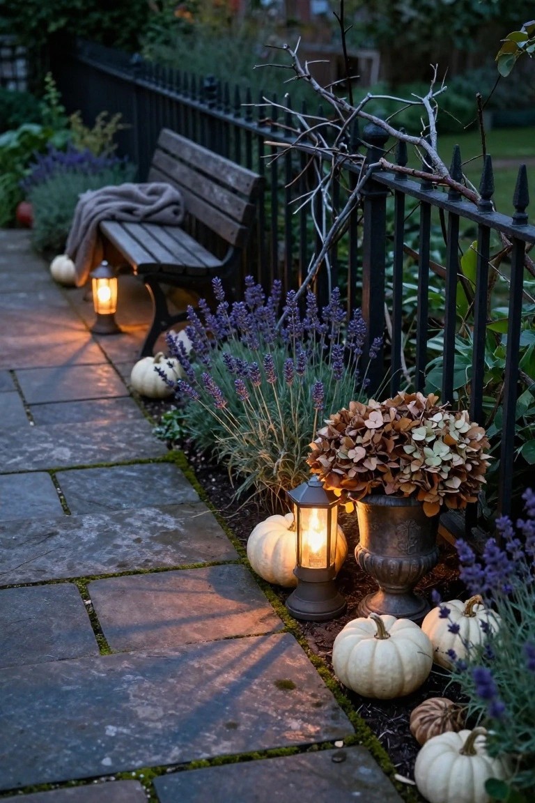 Modern outdoor patio at dusk under a black pergola with a concrete dining table set with candles, four white pumpkins in a stone bowl on the floor near a pool edge, hedges, olive tree, and potted plants.