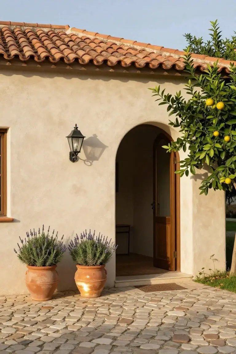 Beige stucco house exterior with terracotta tile roof, open arched wooden doorway with black wall lantern, two large terracotta pots of lavender plants on either side, lemon tree with fruit overhanging, and irregular cobblestone paving in front.
