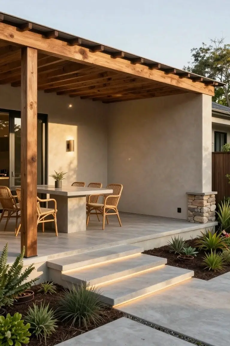 Casual Outdoor Dining Under Exposed Beams