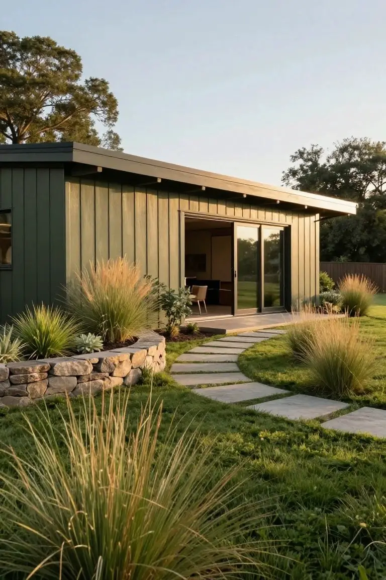 Small dark green vertical board-and-batten house with open sliding glass doors, flanked by ornamental grasses and agaves, stone retaining wall, curved paver path, and lawn leading to it.