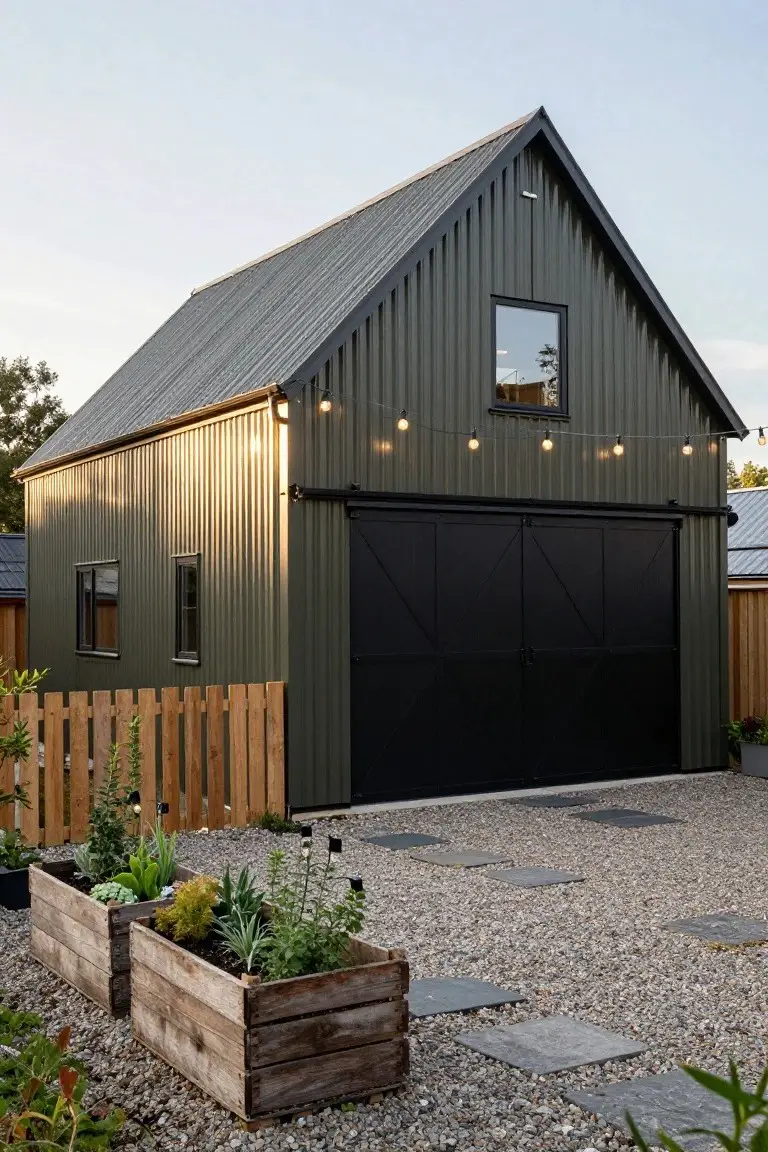 Dark green corrugated metal garage building with gable roof, black sliding barn doors, string lights along one side, wooden picket fence, and planter boxes on gravel ground.