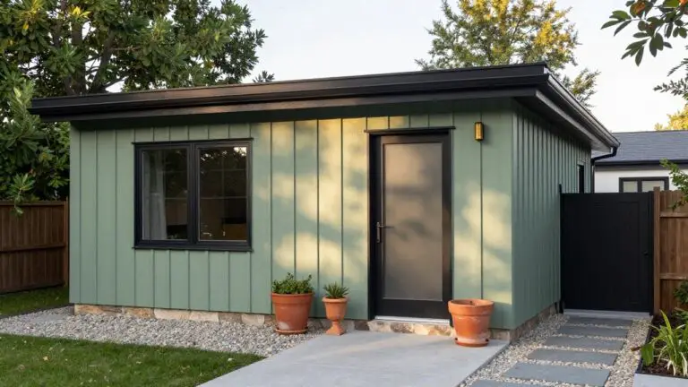 Side exterior of a sage green board-and-batten house with black-framed frosted glass door, window, covered entry with light, terracotta potted plants, stone path with gravel edging, and black gate on stone wall.