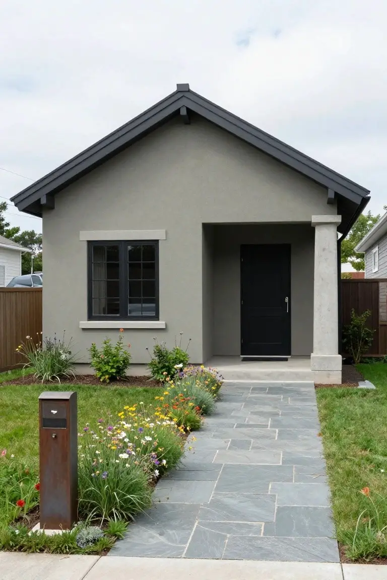 Front exterior of a single-story gray stucco house with black-framed window and door, dark roof, concrete porch column, slate stone pathway lined with colorful flowers, and adjacent fence and houses.