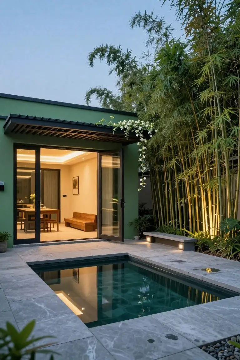 Modern green-painted house exterior featuring large open glass sliding doors to an interior dining space, a small rectangular pool on a gray tiled terrace, a wooden bench, and dense tall bamboo plants providing screening, with dusk lighting.