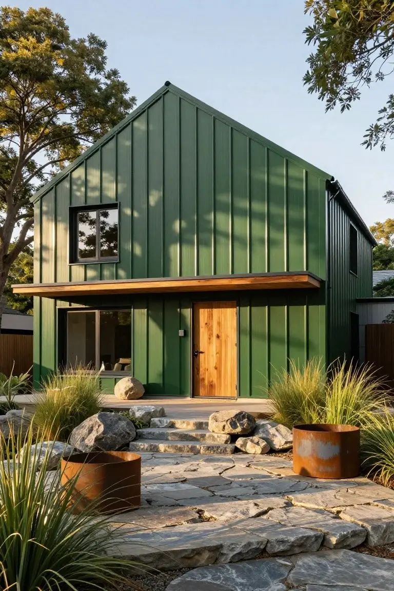 Front exterior of a gabled house clad in dark green vertical corrugated metal panels, with a wooden door under a cantilevered wood overhang, stone steps, boulders, and potted grasses nearby.