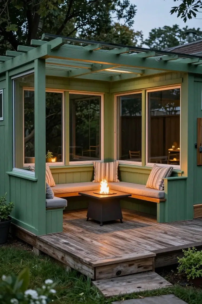 Green-painted wooden pavilion with windowed walls and built-in benches surrounding a central black square fire pit table on a wooden deck, with plants and trees visible outside at dusk.