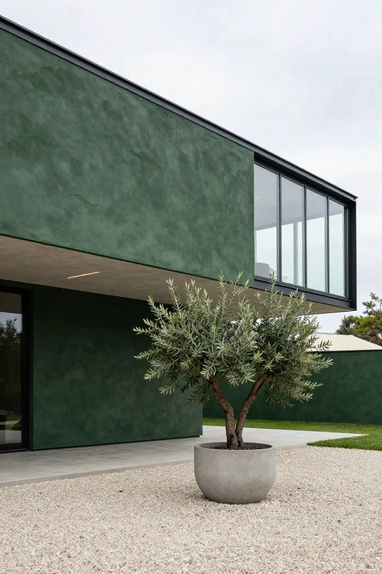 Contemporary house exterior featuring textured green plaster walls, black-framed large windows under a cantilevered overhang, potted olive tree in gray pot on gravel ground, with green grass and distant trees.