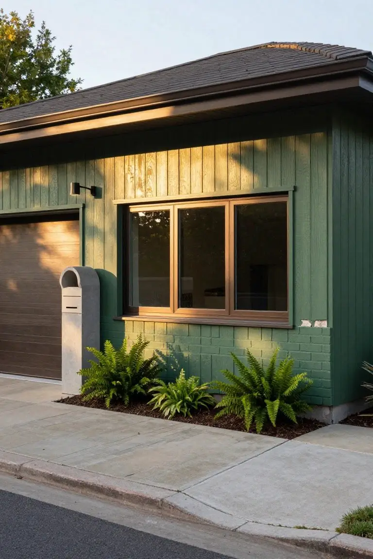 Green house exterior with vertical board siding, brown garage door, large window with bronze frame, concrete mailbox, and ferns planted along the brick base next to a concrete sidewalk and street.