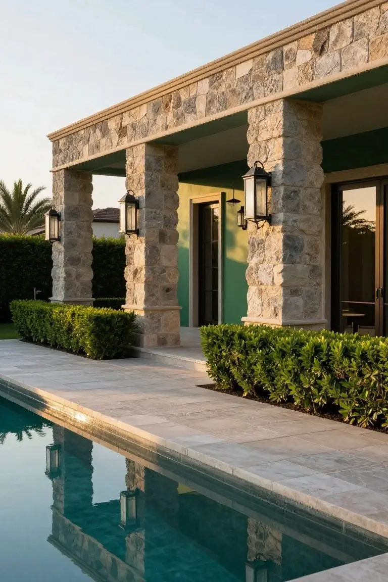 Exterior of a house with tall beige stone pillars supporting a covered walkway, mint green stucco walls, black lanterns, boxwood hedges, and a swimming pool in the foreground.