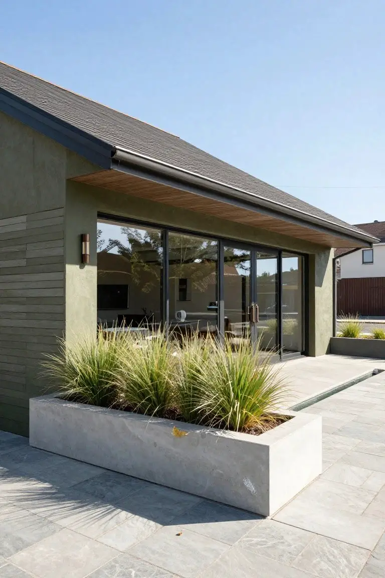 Exterior of a modern house featuring green textured walls, large black-framed glass sliding doors, wooden overhang and accents, a tall outdoor light fixture, concrete planter with tall grasses, and light gray tiled patio under blue sky.