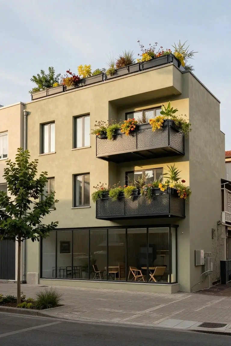 A three-story beige stucco building with black metal balconies overflowing with colorful plants and flowers, a rooftop planter garden, a ground-floor glass storefront with chairs and tables inside, a tree out front, and a paved sidewalk.