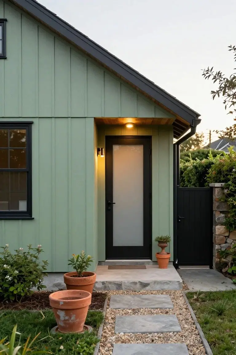 Side exterior of a sage green board-and-batten house with black-framed frosted glass door, window, covered entry with light, terracotta potted plants, stone path with gravel edging, and black gate on stone wall.