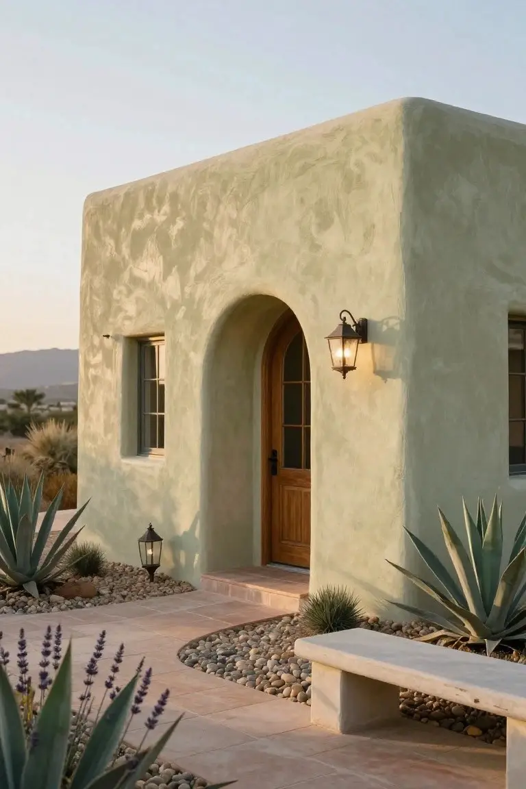 Corner exterior of a small pale green stucco house with rounded walls, arched wooden entry door flanked by lanterns, stone pathway curving past agave plants and lavender to a concrete bench in a desert setting at dusk.